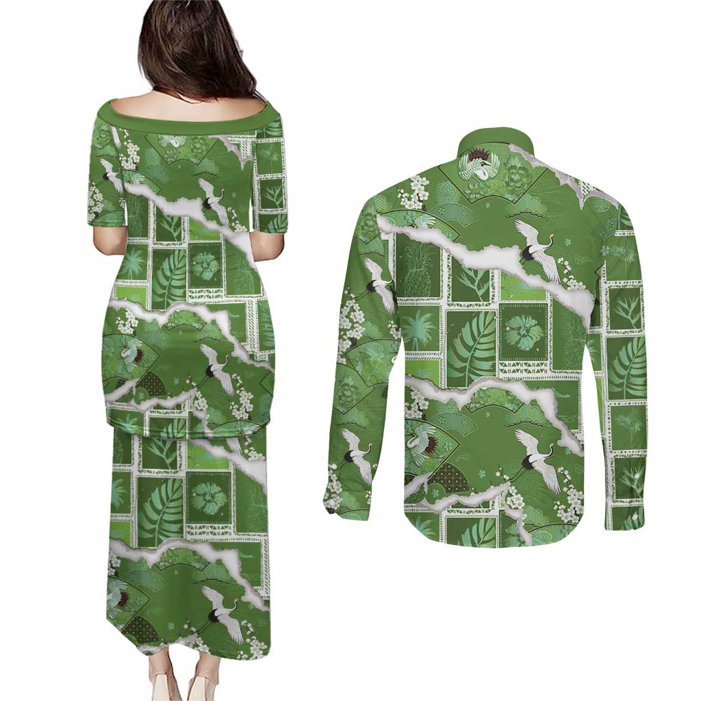 Hawaii Japanese Culture Sage Green Couples Matching Puletasi and Long Sleeve Button Shirt Spring Cranes Aloha Pattern