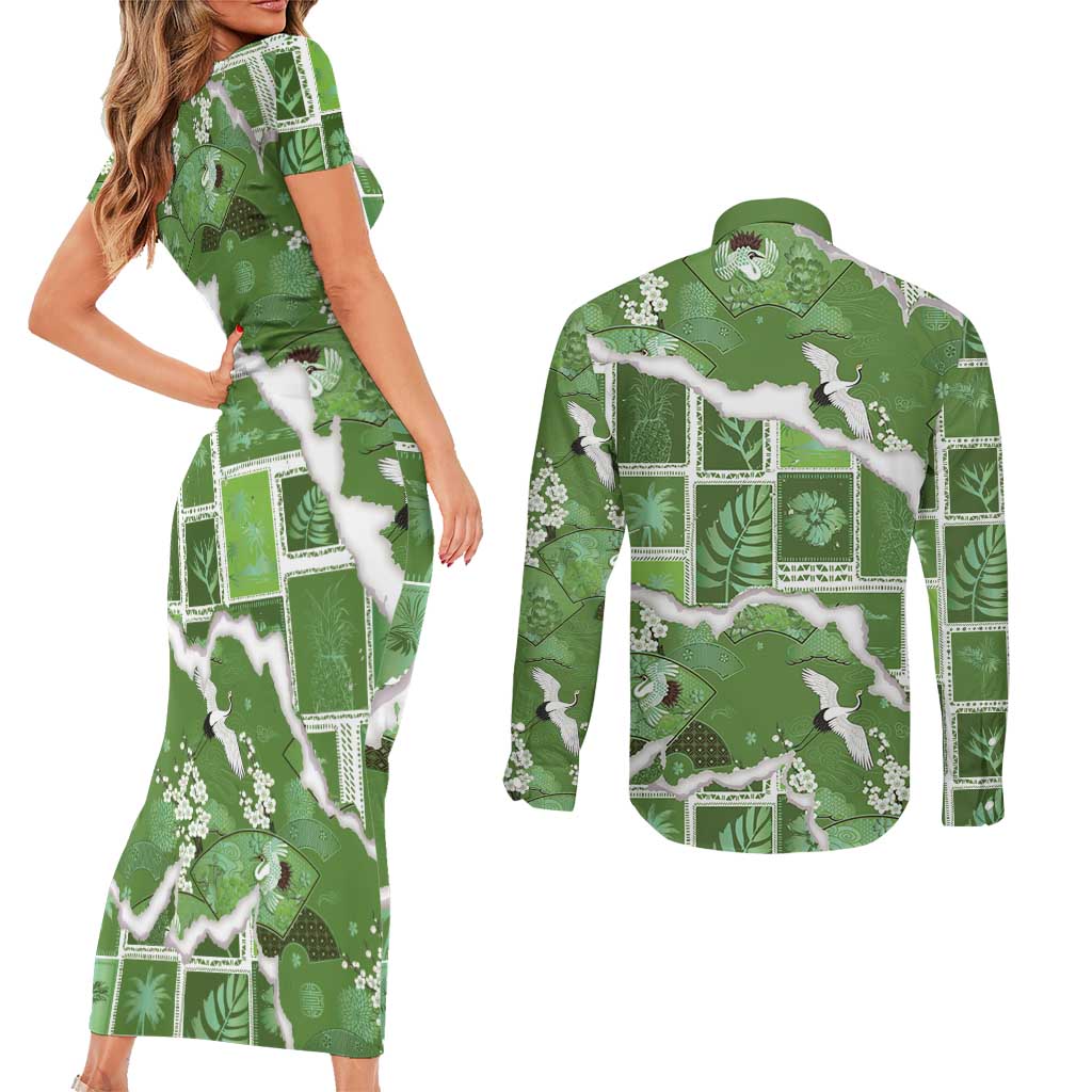 Hawaii Japanese Culture Sage Green Couples Matching Short Sleeve Bodycon Dress and Long Sleeve Button Shirt Spring Cranes Aloha Pattern