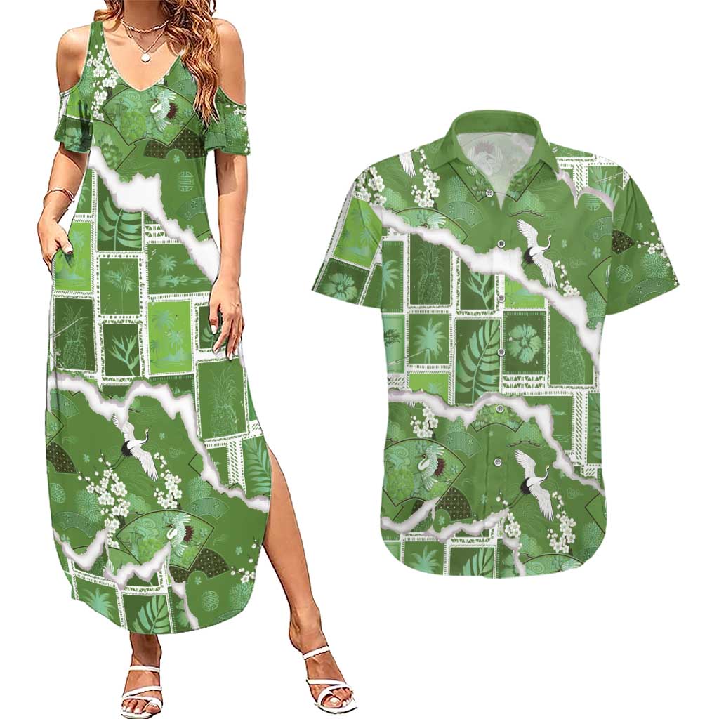 Hawaii Japanese Culture Sage Green Couples Matching Summer Maxi Dress and Hawaiian Shirt Spring Cranes Aloha Pattern