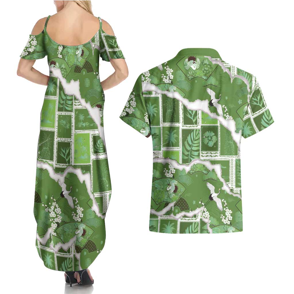 Hawaii Japanese Culture Sage Green Couples Matching Summer Maxi Dress and Hawaiian Shirt Spring Cranes Aloha Pattern