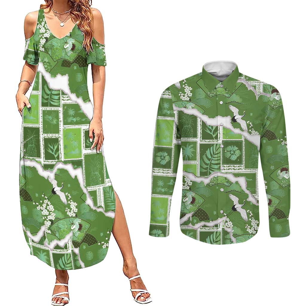 Hawaii Japanese Culture Sage Green Couples Matching Summer Maxi Dress and Long Sleeve Button Shirt Spring Cranes Aloha Pattern