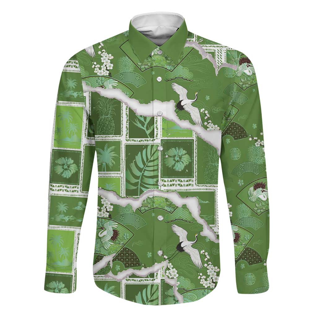 Hawaii Japanese Culture Sage Green Family Matching Long Sleeve Bodycon Dress and Hawaiian Shirt Spring Cranes Aloha Pattern