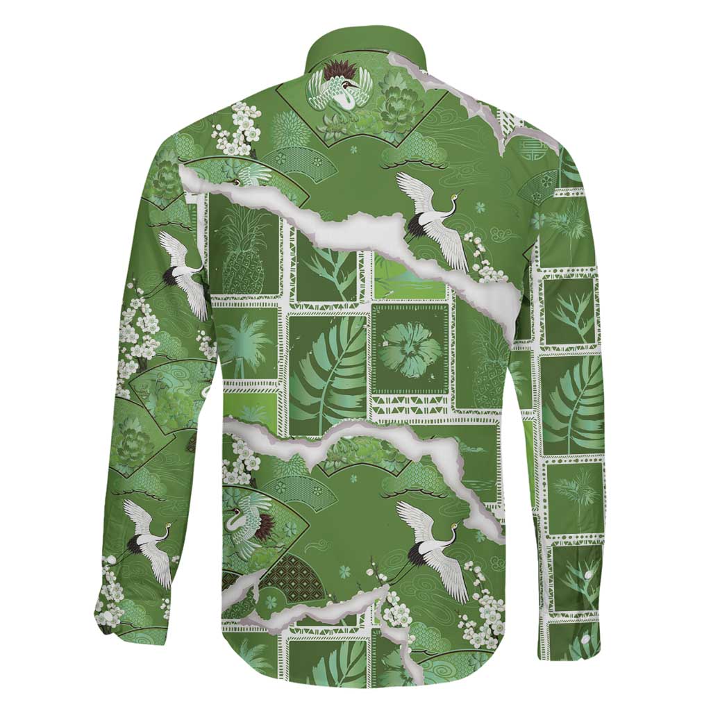 Hawaii Japanese Culture Sage Green Family Matching Long Sleeve Bodycon Dress and Hawaiian Shirt Spring Cranes Aloha Pattern
