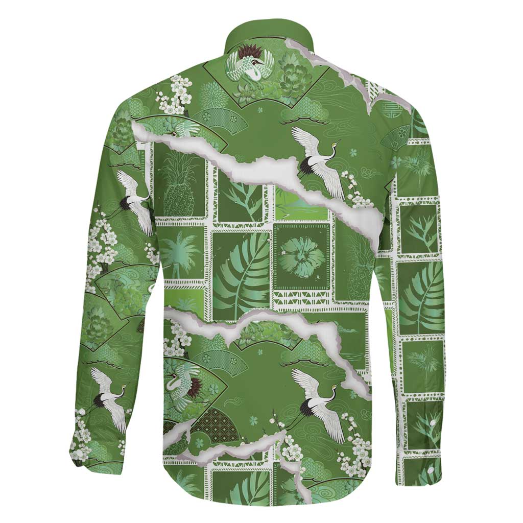Hawaii Japanese Culture Sage Green Family Matching Mermaid Dress and Hawaiian Shirt Spring Cranes Aloha Pattern