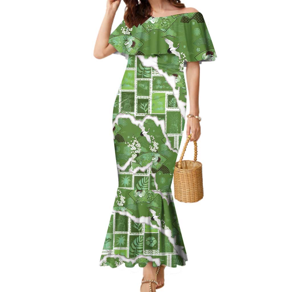 Hawaii Japanese Culture Sage Green Family Matching Mermaid Dress and Hawaiian Shirt Spring Cranes Aloha Pattern