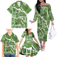 Hawaii Japanese Culture Sage Green Family Matching Off The Shoulder Long Sleeve Dress and Hawaiian Shirt Spring Cranes Aloha Pattern