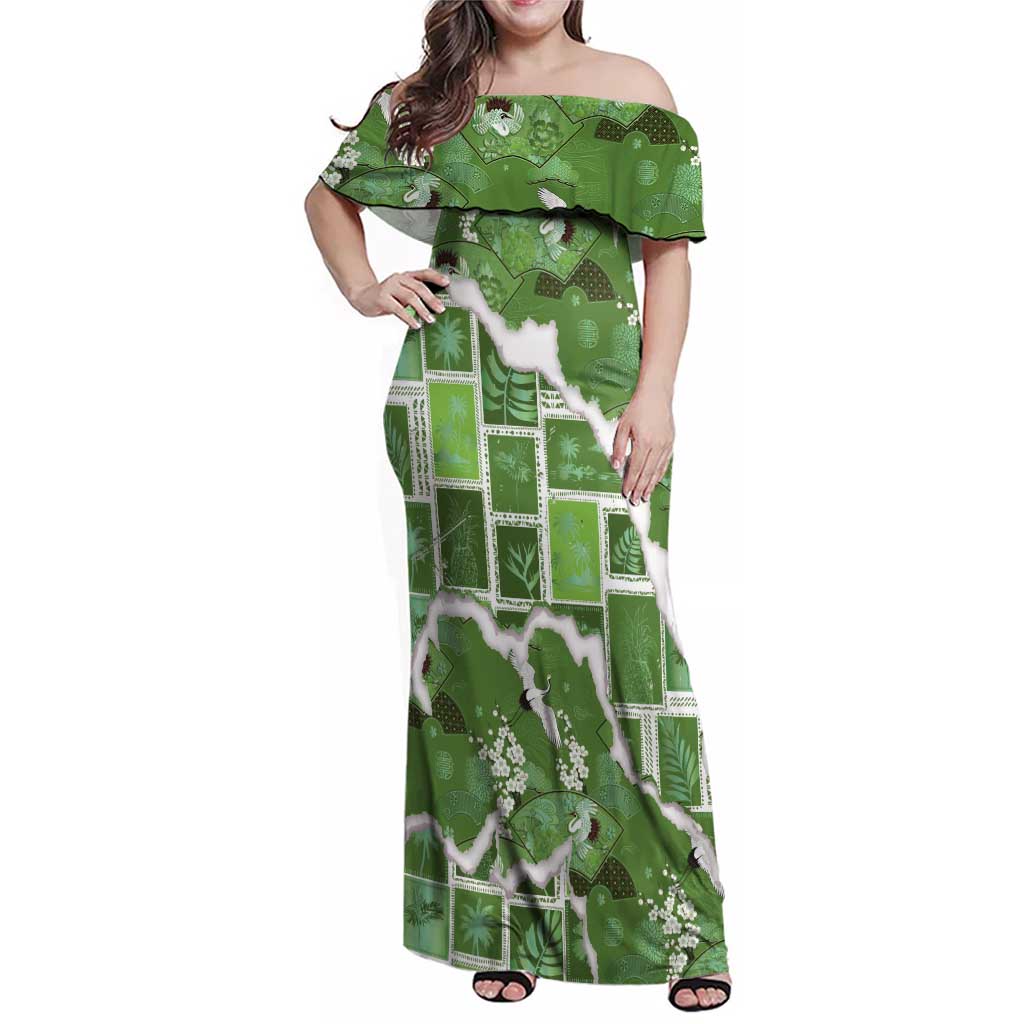 Hawaii Japanese Culture Sage Green Family Matching Off Shoulder Maxi Dress and Hawaiian Shirt Spring Cranes Aloha Pattern