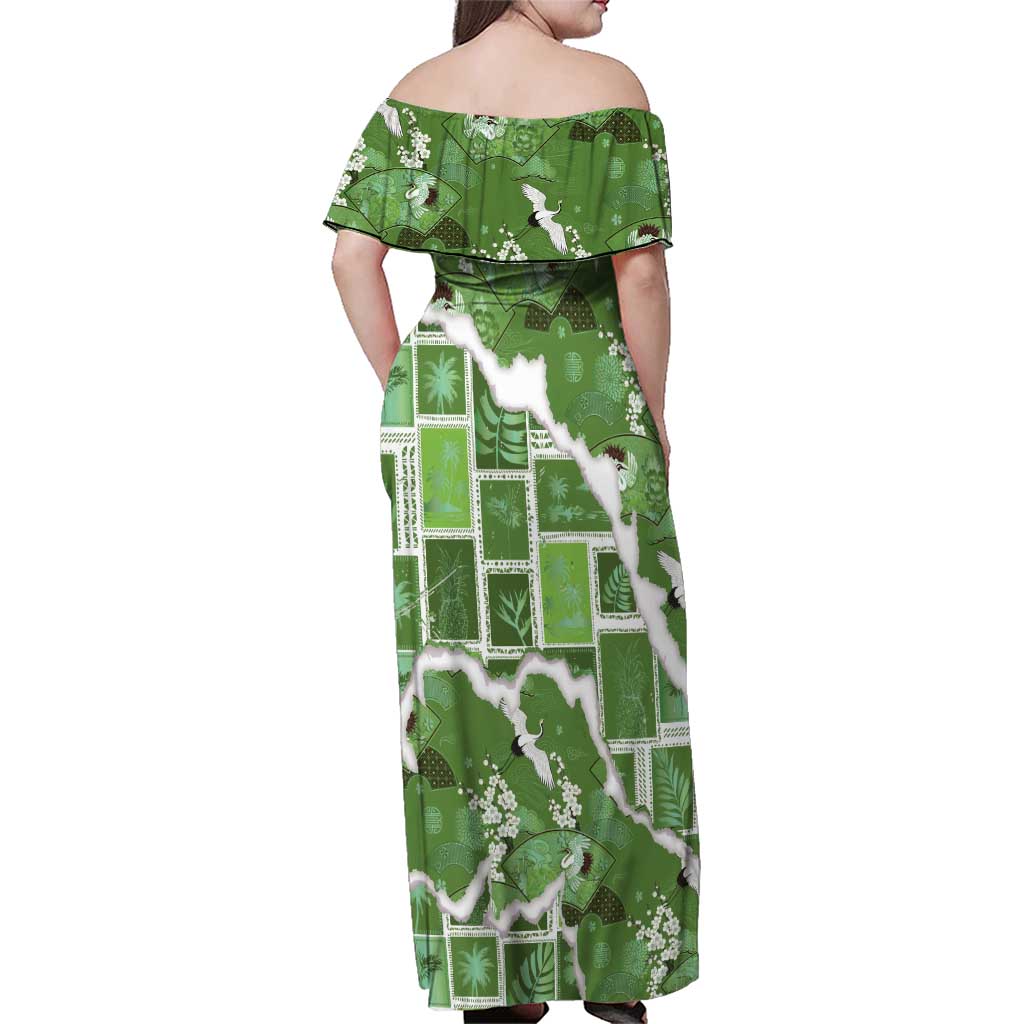 Hawaii Japanese Culture Sage Green Family Matching Off Shoulder Maxi Dress and Hawaiian Shirt Spring Cranes Aloha Pattern