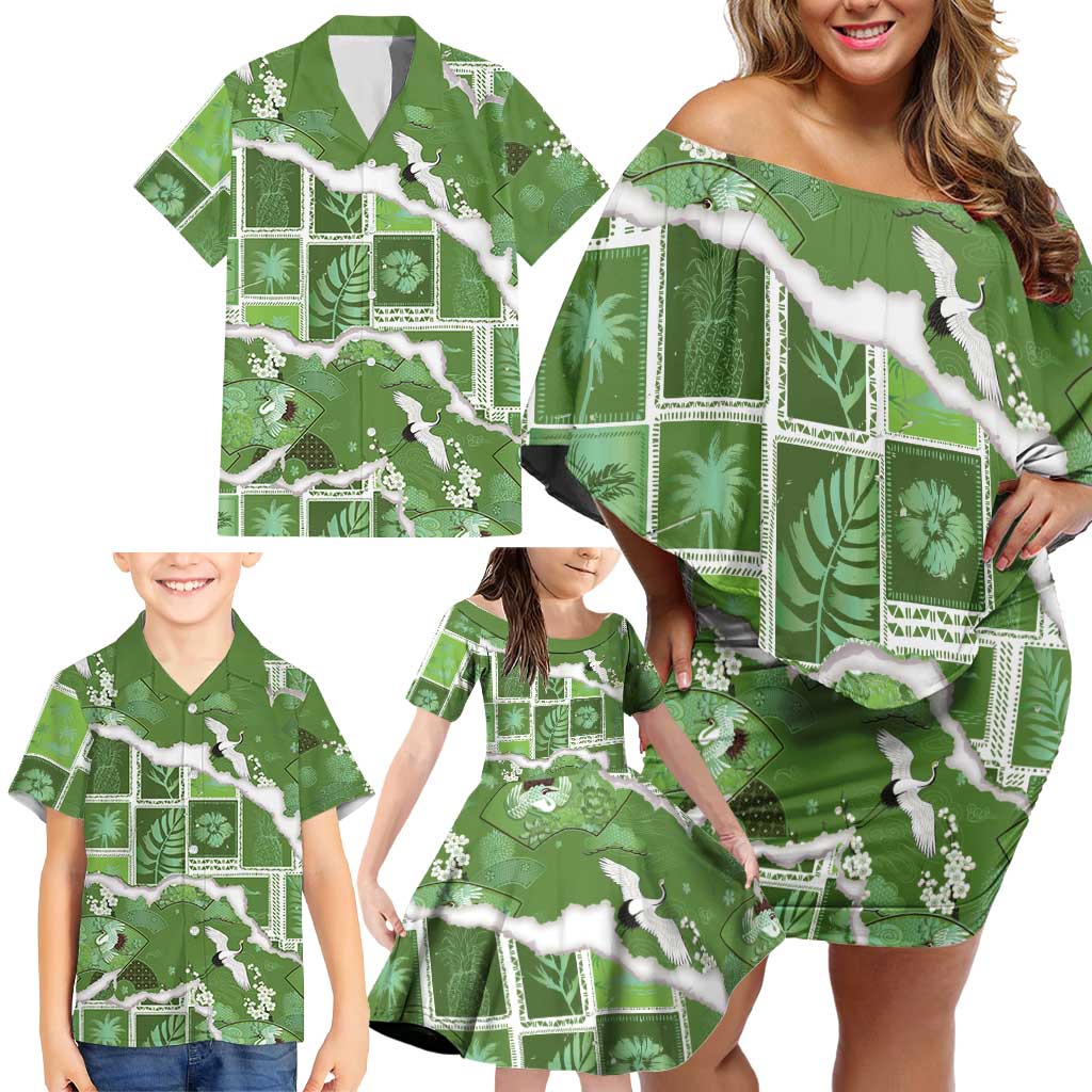 Hawaii Japanese Culture Sage Green Family Matching Off Shoulder Short Dress and Hawaiian Shirt Spring Cranes Aloha Pattern