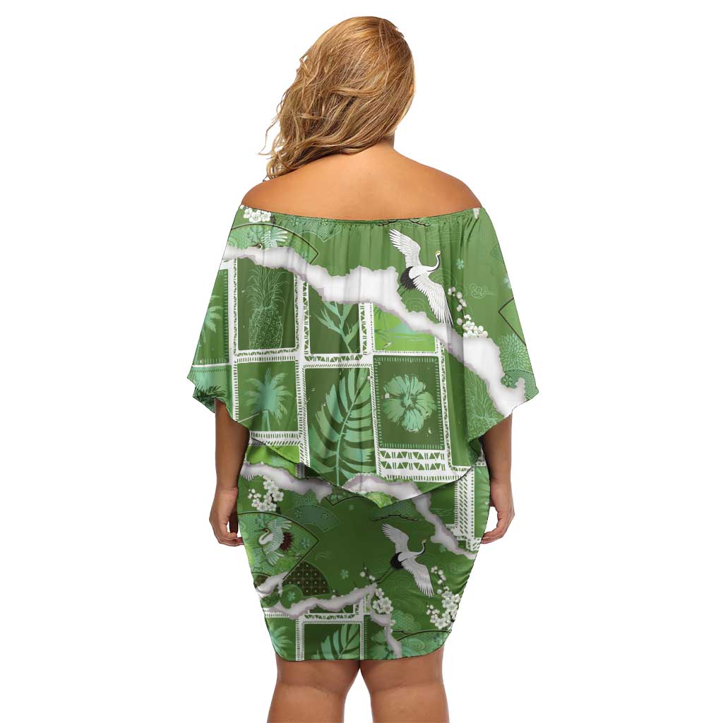 Hawaii Japanese Culture Sage Green Family Matching Off Shoulder Short Dress and Hawaiian Shirt Spring Cranes Aloha Pattern