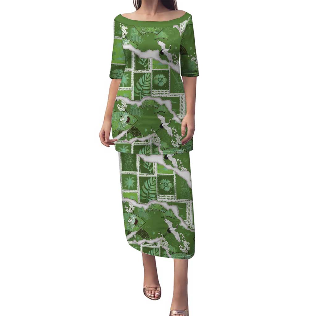 Hawaii Japanese Culture Sage Green Family Matching Puletasi and Hawaiian Shirt Spring Cranes Aloha Pattern