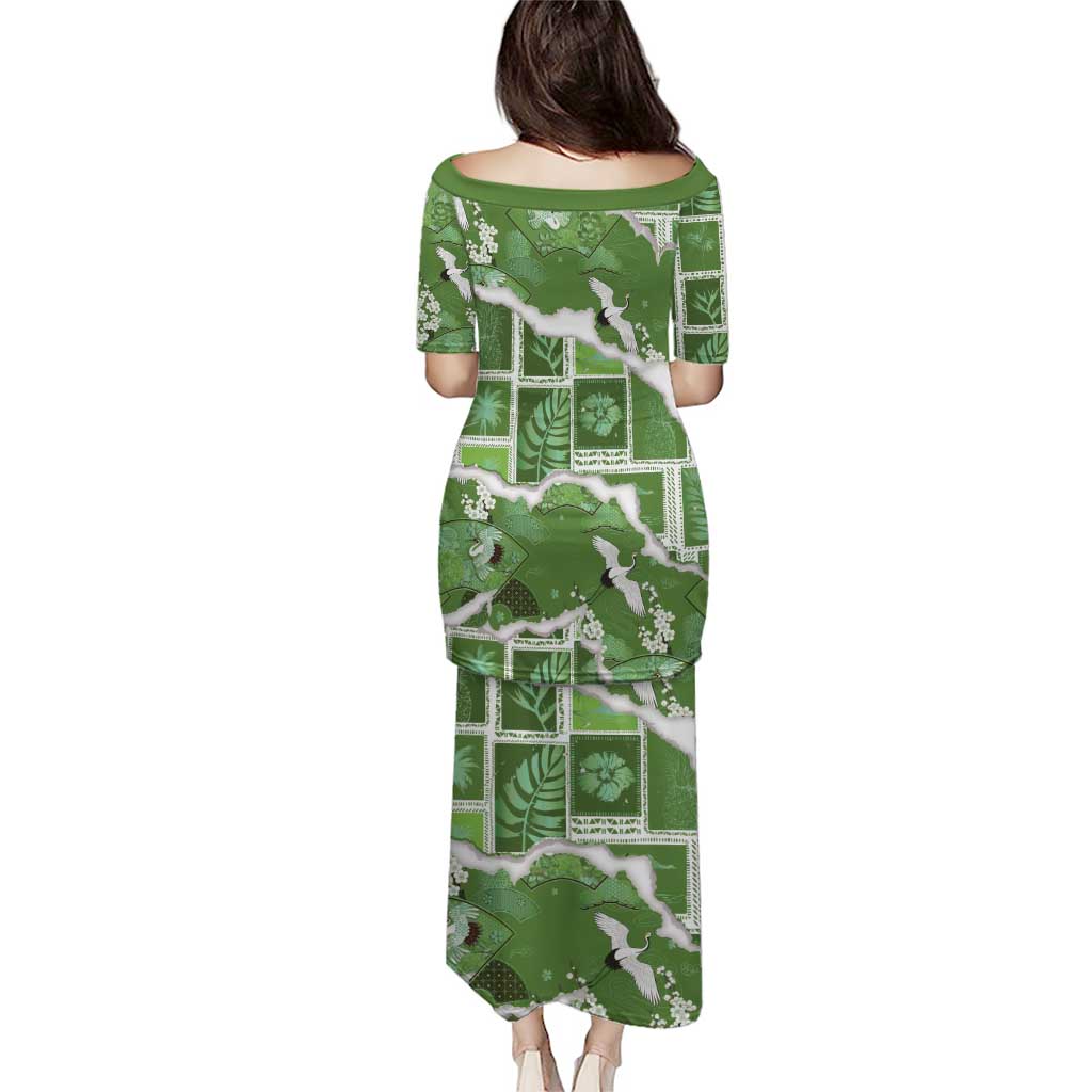 Hawaii Japanese Culture Sage Green Family Matching Puletasi and Hawaiian Shirt Spring Cranes Aloha Pattern