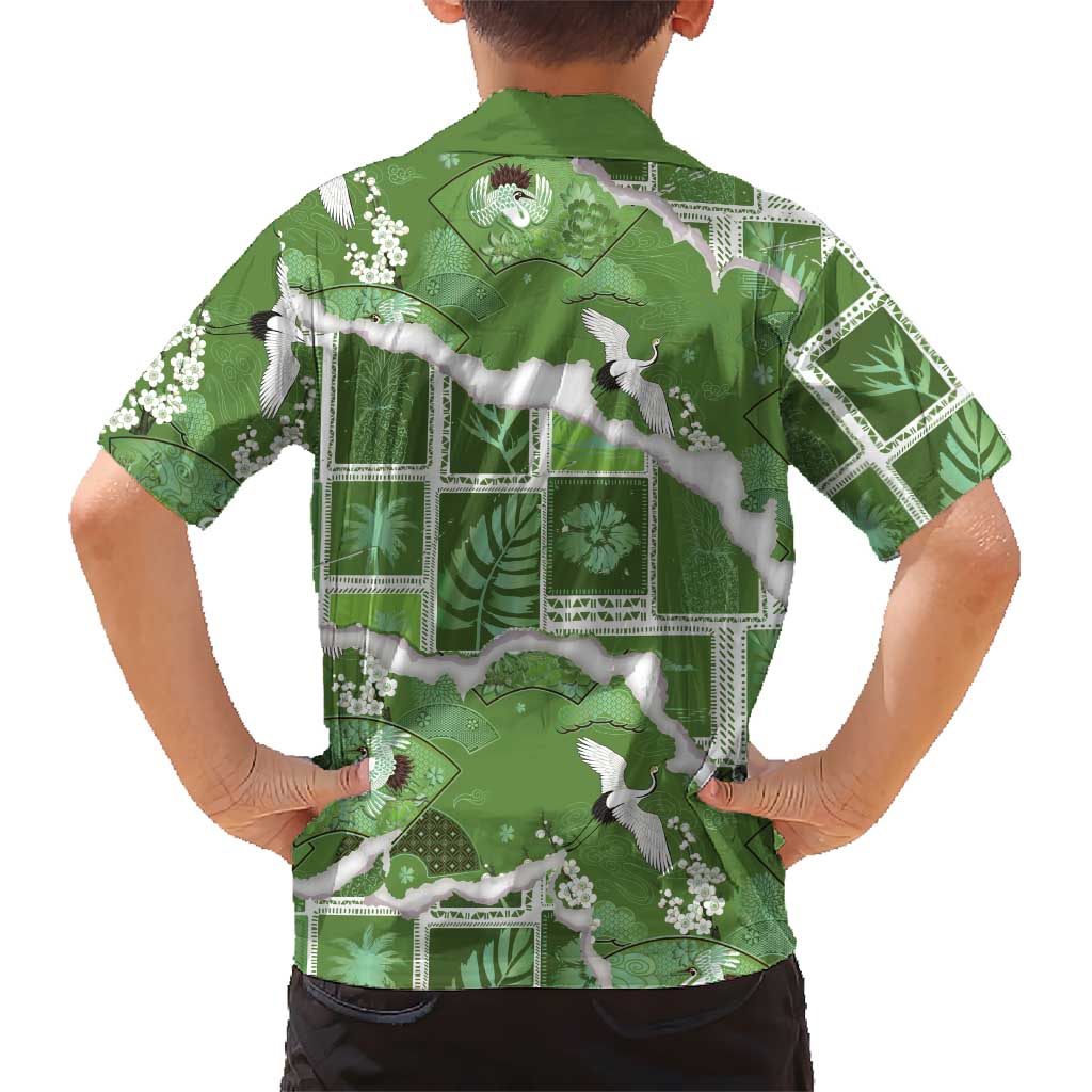 Hawaii Japanese Culture Sage Green Family Matching Short Sleeve Bodycon Dress and Hawaiian Shirt Spring Cranes Aloha Pattern