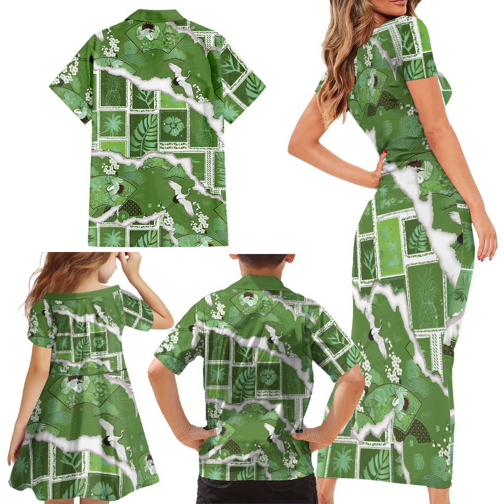 Hawaii Japanese Culture Sage Green Family Matching Short Sleeve Bodycon Dress and Hawaiian Shirt Spring Cranes Aloha Pattern