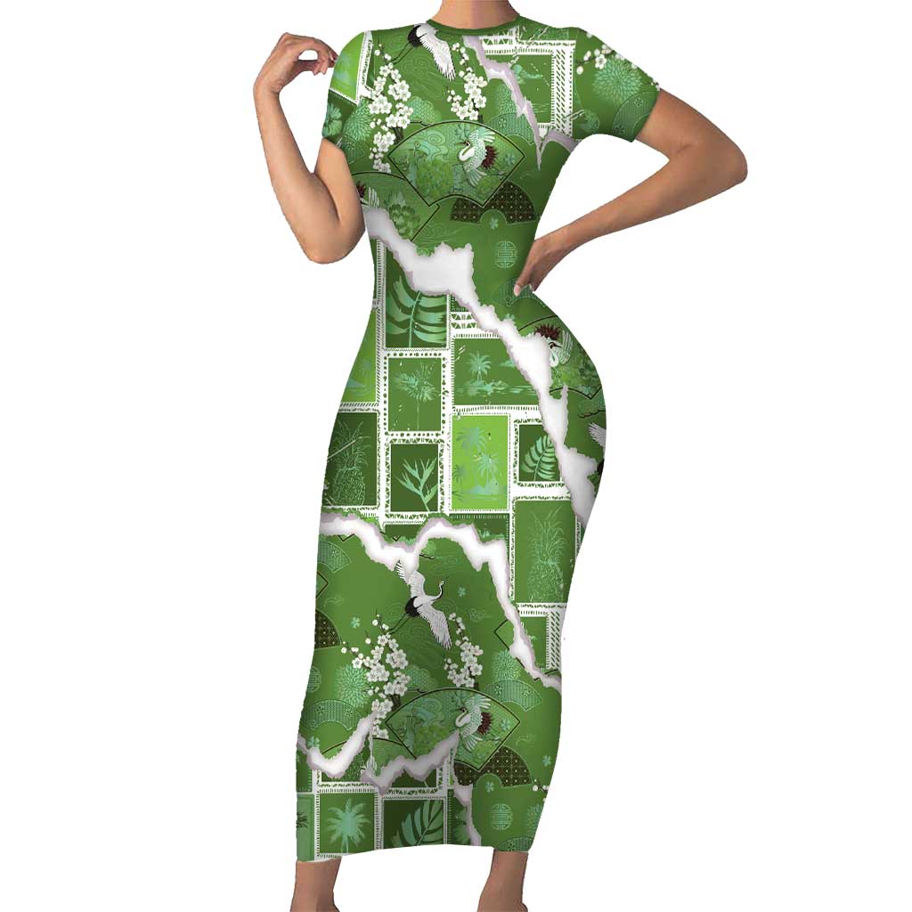 Hawaii Japanese Culture Sage Green Family Matching Short Sleeve Bodycon Dress and Hawaiian Shirt Spring Cranes Aloha Pattern