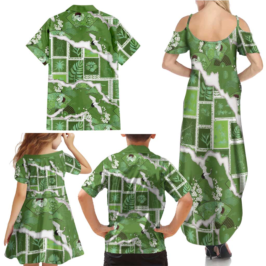 Hawaii Japanese Culture Sage Green Family Matching Summer Maxi Dress and Hawaiian Shirt Spring Cranes Aloha Pattern