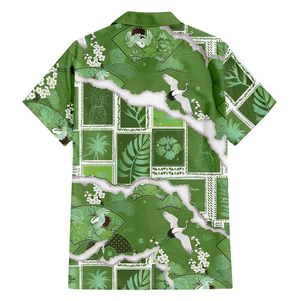 Hawaii Japanese Culture Sage Green Family Matching Summer Maxi Dress and Hawaiian Shirt Spring Cranes Aloha Pattern