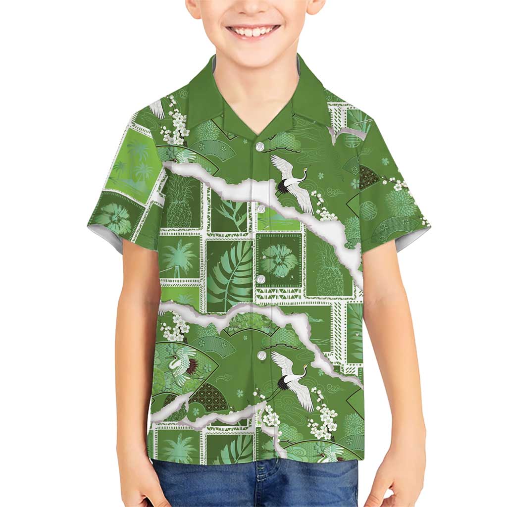 Hawaii Japanese Culture Sage Green Family Matching Summer Maxi Dress and Hawaiian Shirt Spring Cranes Aloha Pattern