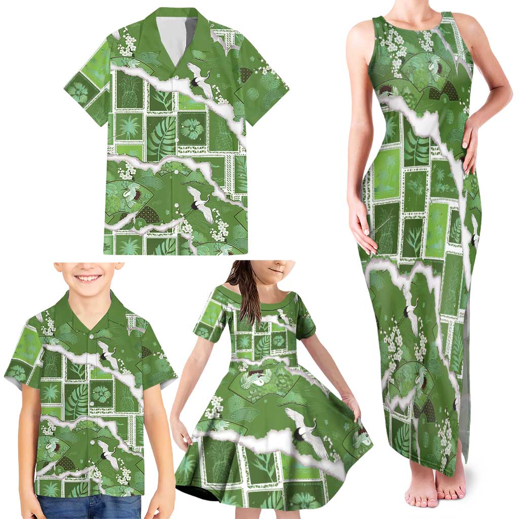 Hawaii Japanese Culture Sage Green Family Matching Tank Maxi Dress and Hawaiian Shirt Spring Cranes Aloha Pattern