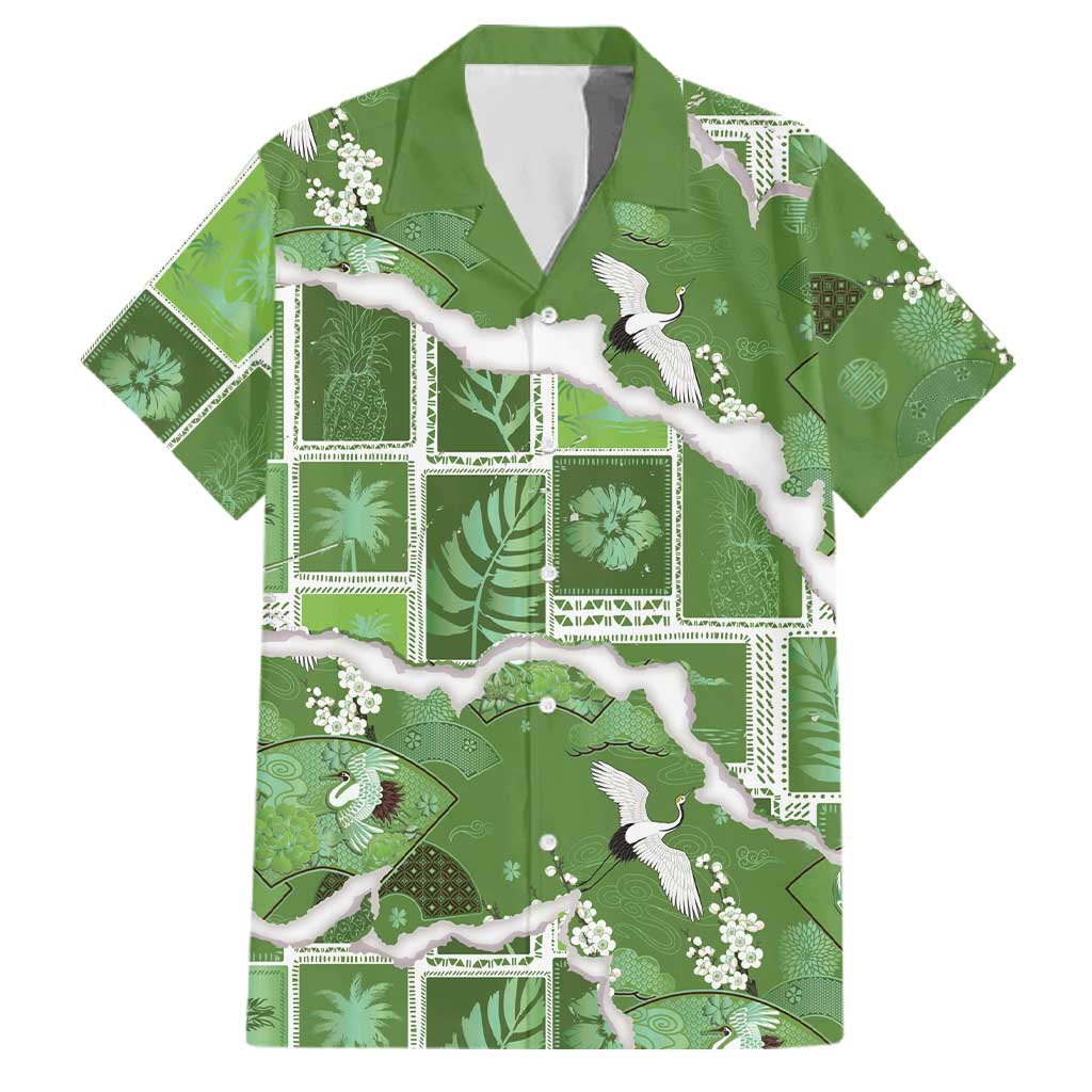 Hawaii Japanese Culture Sage Green Family Matching Tank Maxi Dress and Hawaiian Shirt Spring Cranes Aloha Pattern
