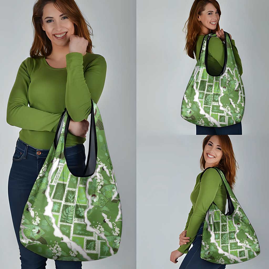 Hawaii Japanese Culture Sage Green Grocery Bag Spring Cranes Aloha Pattern