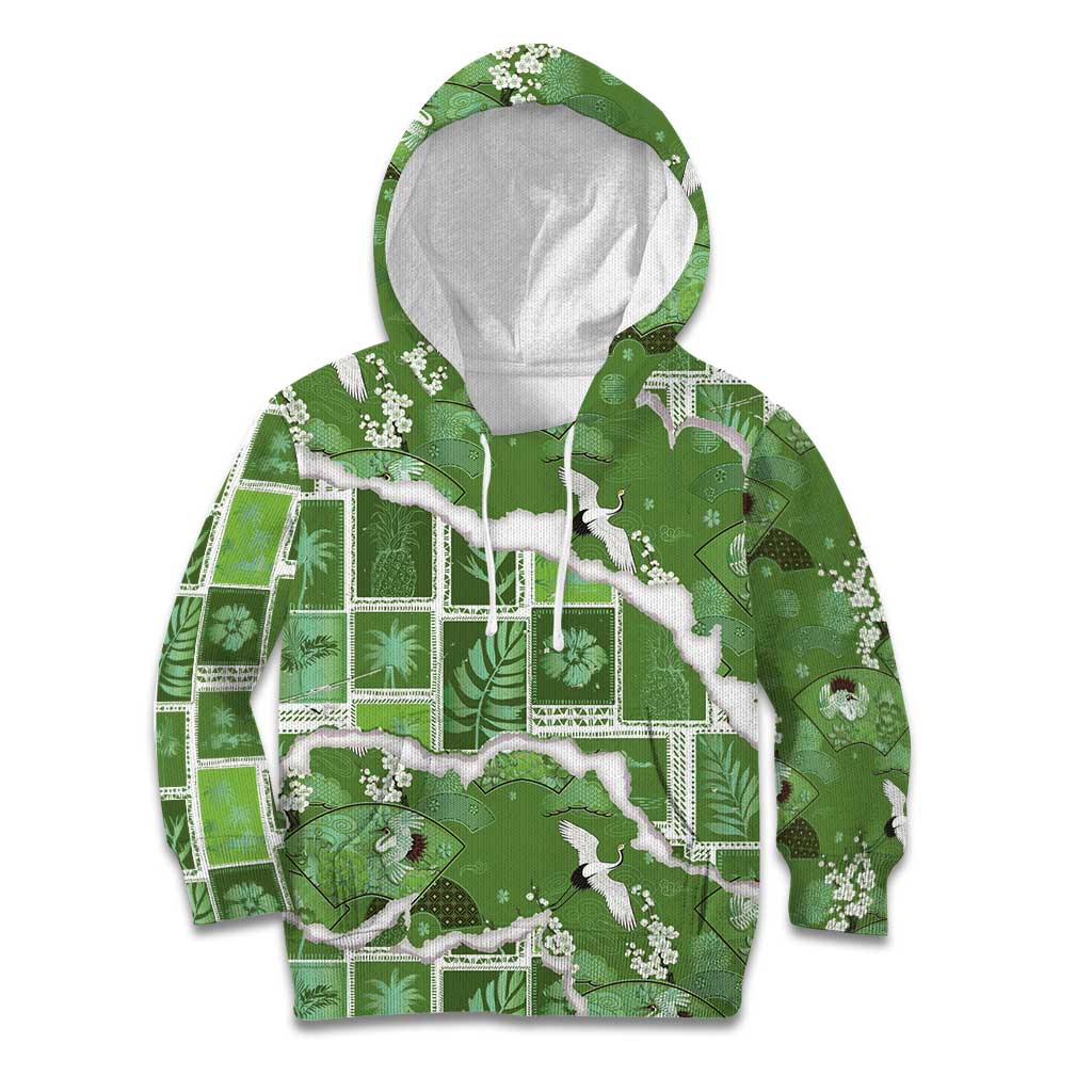 Hawaii Japanese Culture Sage Green Kid Hoodie Spring Cranes Aloha Pattern LT01 Hoodie Sage - Polynesian Pride