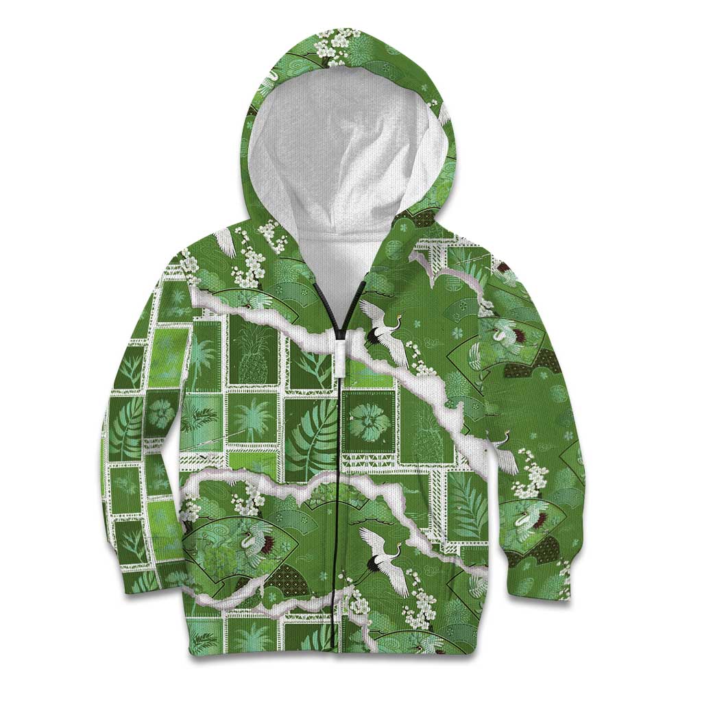 Hawaii Japanese Culture Sage Green Kid Hoodie Spring Cranes Aloha Pattern LT01 Zip Hoodie Sage - Polynesian Pride
