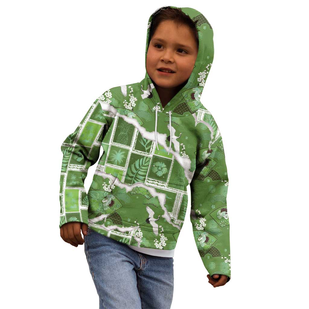 Hawaii Japanese Culture Sage Green Kid Hoodie Spring Cranes Aloha Pattern LT01 - Polynesian Pride