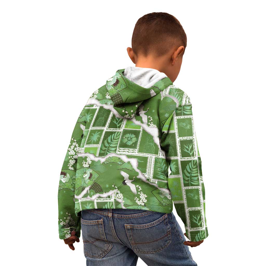 Hawaii Japanese Culture Sage Green Kid Hoodie Spring Cranes Aloha Pattern LT01 - Polynesian Pride