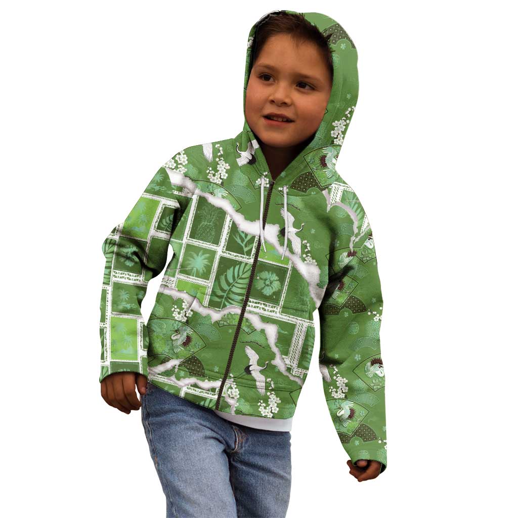 Hawaii Japanese Culture Sage Green Kid Hoodie Spring Cranes Aloha Pattern LT01 - Polynesian Pride