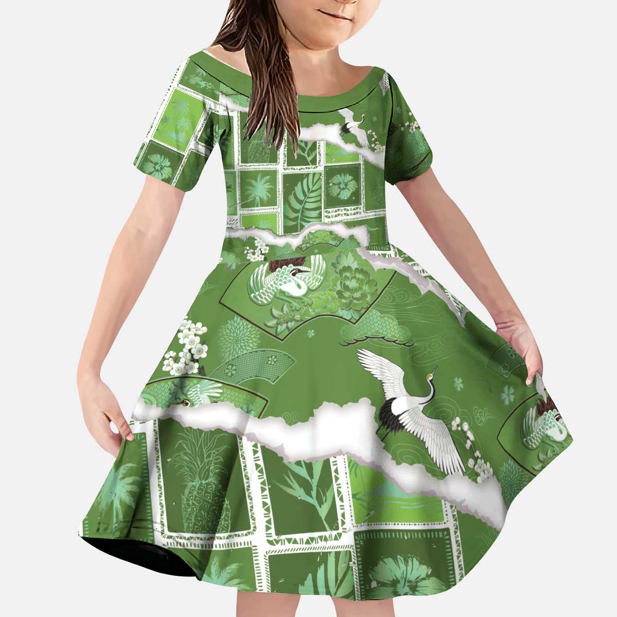 Hawaii Japanese Culture Sage Green Kid Short Sleeve Dress Spring Cranes Aloha Pattern