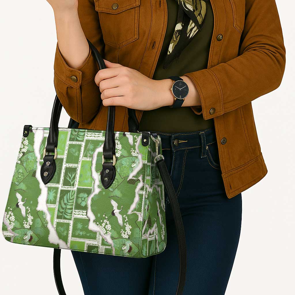 Hawaii Japanese Culture Sage Green Leather Bag Spring Cranes Aloha Pattern