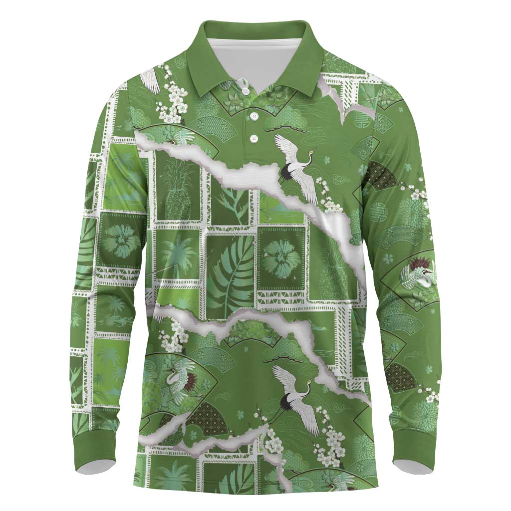 Hawaii Japanese Culture Sage Green Long Sleeve Polo Shirt Spring Cranes Aloha Pattern