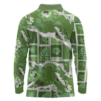 Hawaii Japanese Culture Sage Green Long Sleeve Polo Shirt Spring Cranes Aloha Pattern