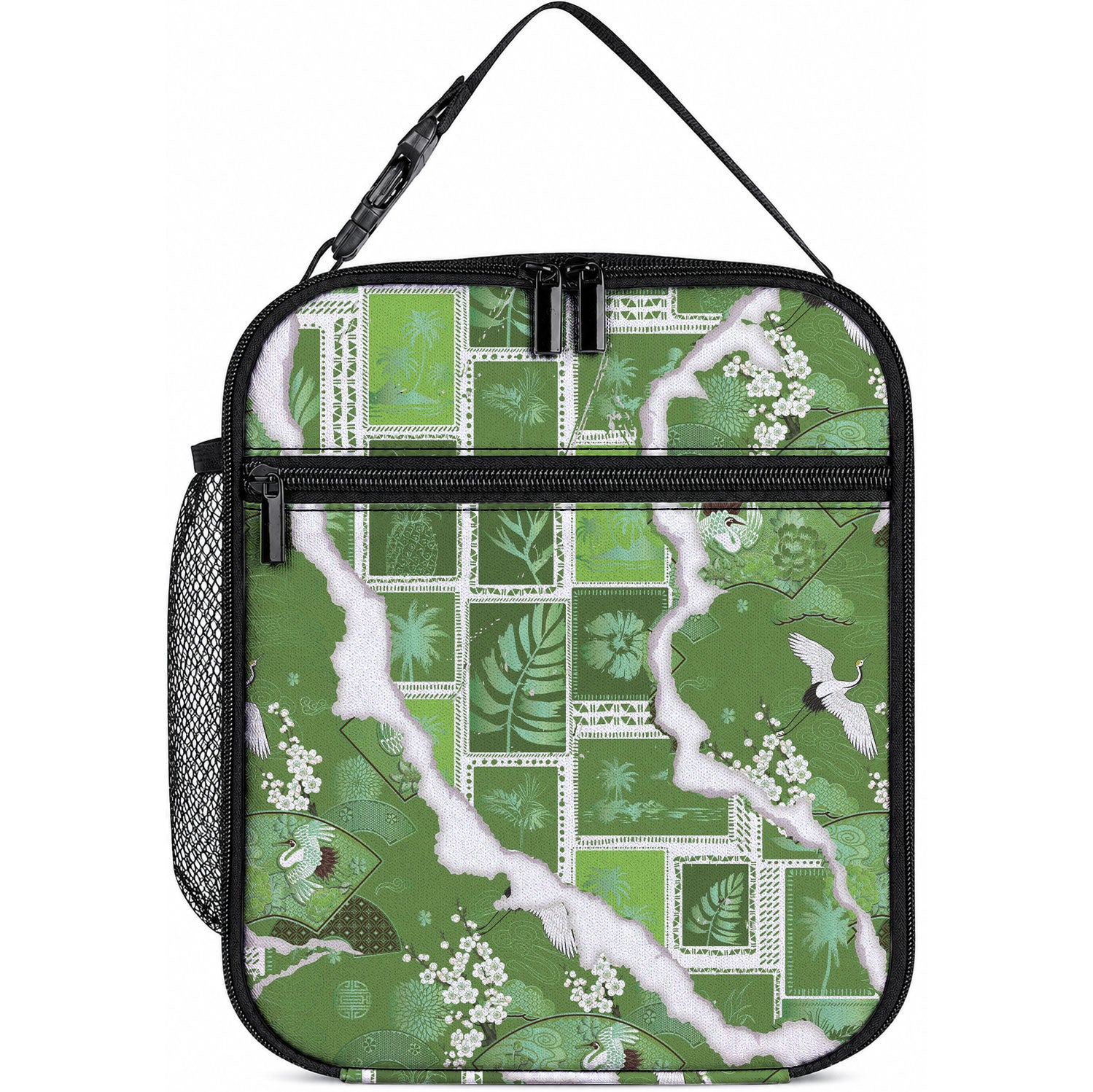 Hawaii Japanese Culture Sage Green Lunch Bag Spring Cranes Aloha Pattern