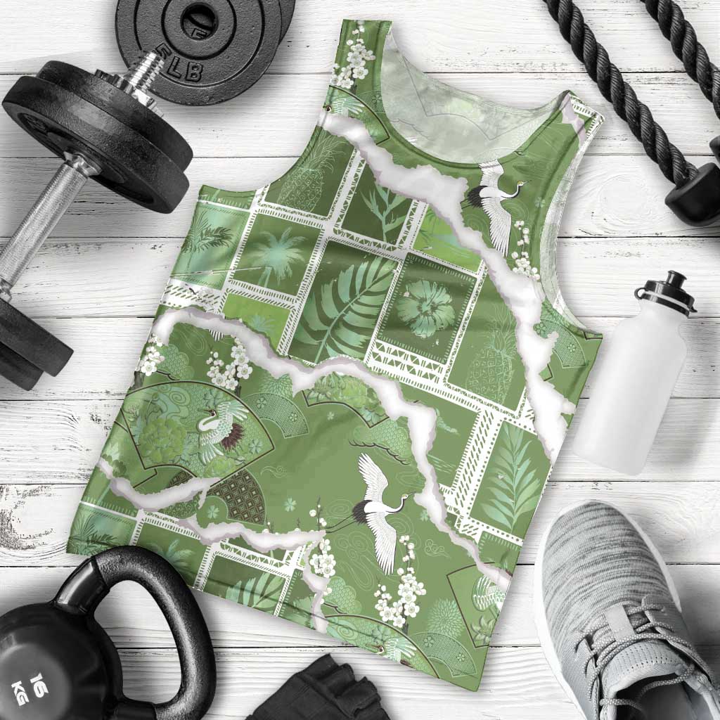 Hawaii Japanese Culture Sage Green Men Tank Top Spring Cranes Aloha Pattern