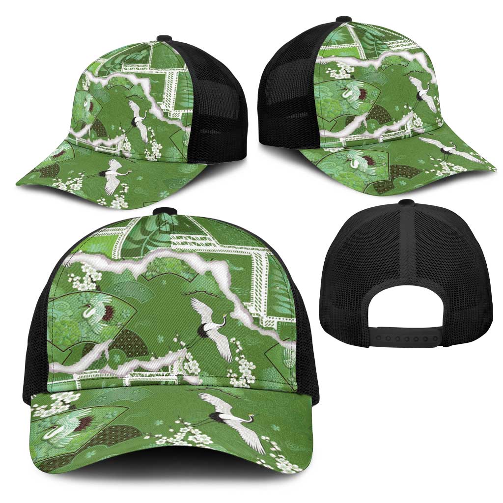 Hawaii Japanese Culture Sage Green Mesh Trucker Cap Spring Cranes Aloha Pattern