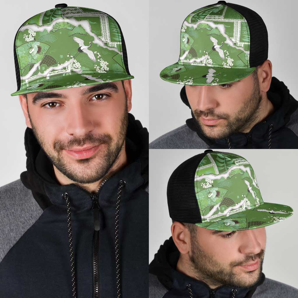Hawaii Japanese Culture Sage Green Mesh Trucker Cap Spring Cranes Aloha Pattern