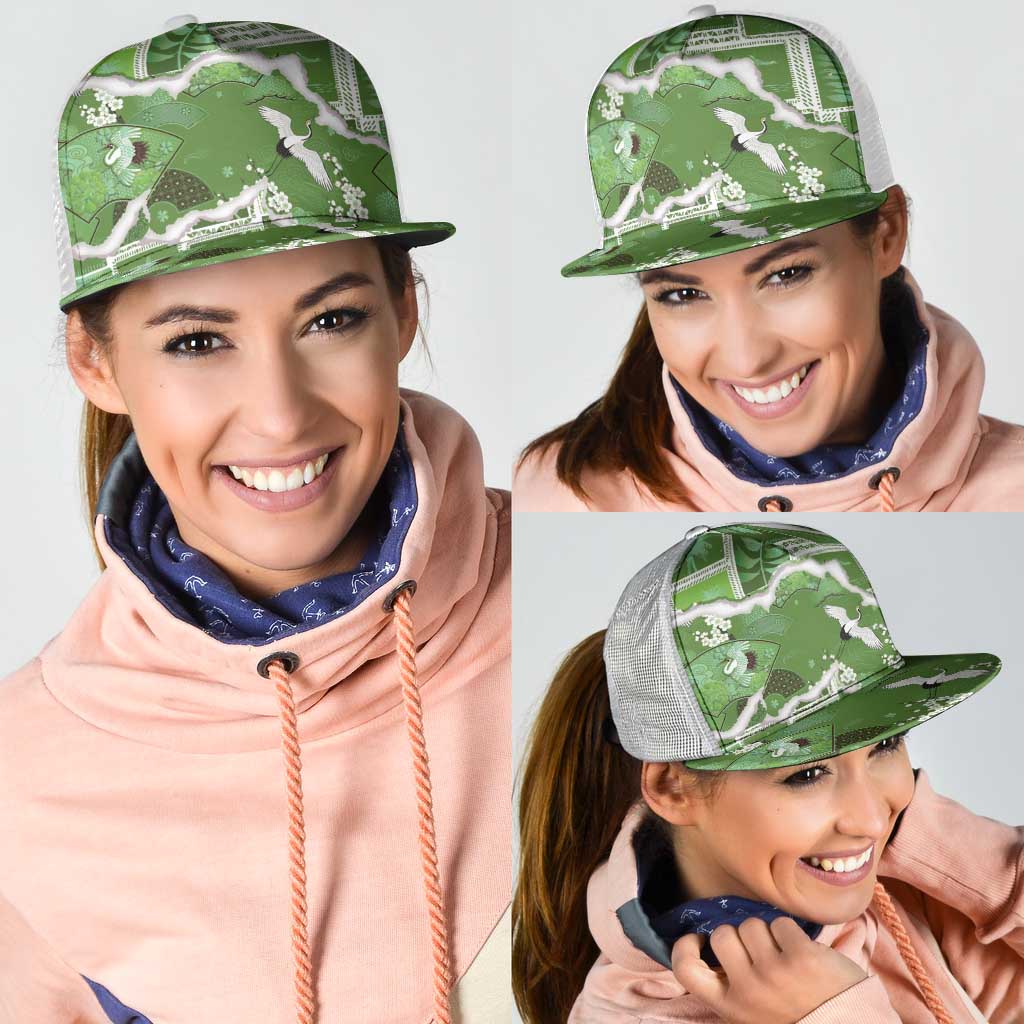 Hawaii Japanese Culture Sage Green Mesh Trucker Cap Spring Cranes Aloha Pattern