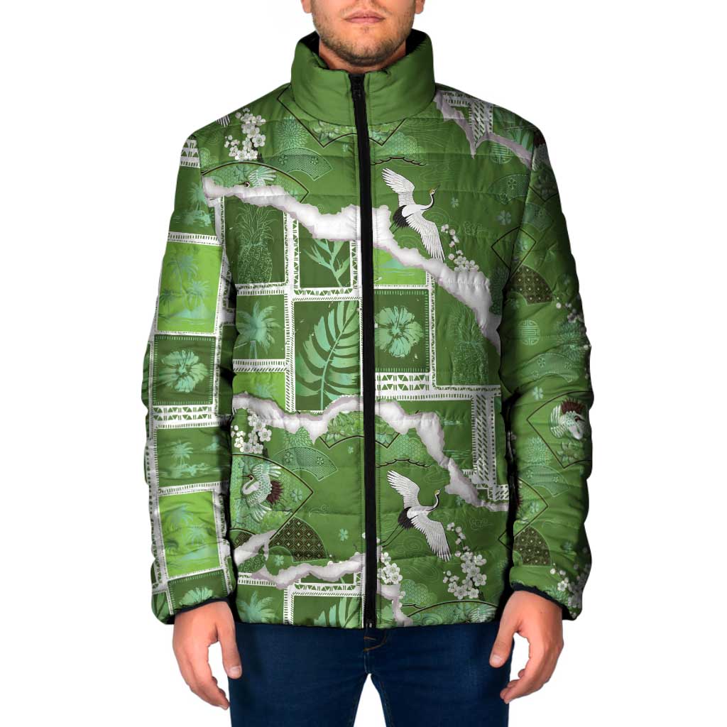 Hawaii Japanese Culture Sage Green Padded Jacket Spring Cranes Aloha Pattern