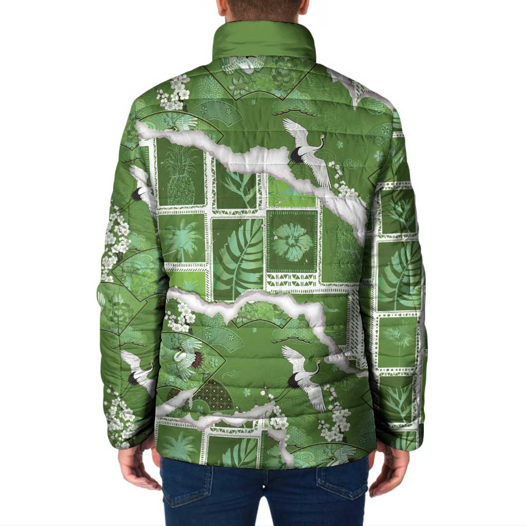 Hawaii Japanese Culture Sage Green Padded Jacket Spring Cranes Aloha Pattern