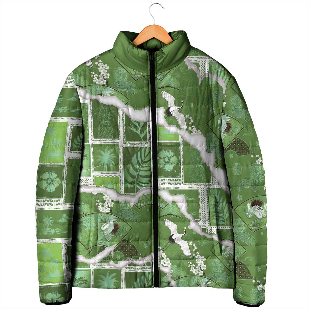 Hawaii Japanese Culture Sage Green Padded Jacket Spring Cranes Aloha Pattern