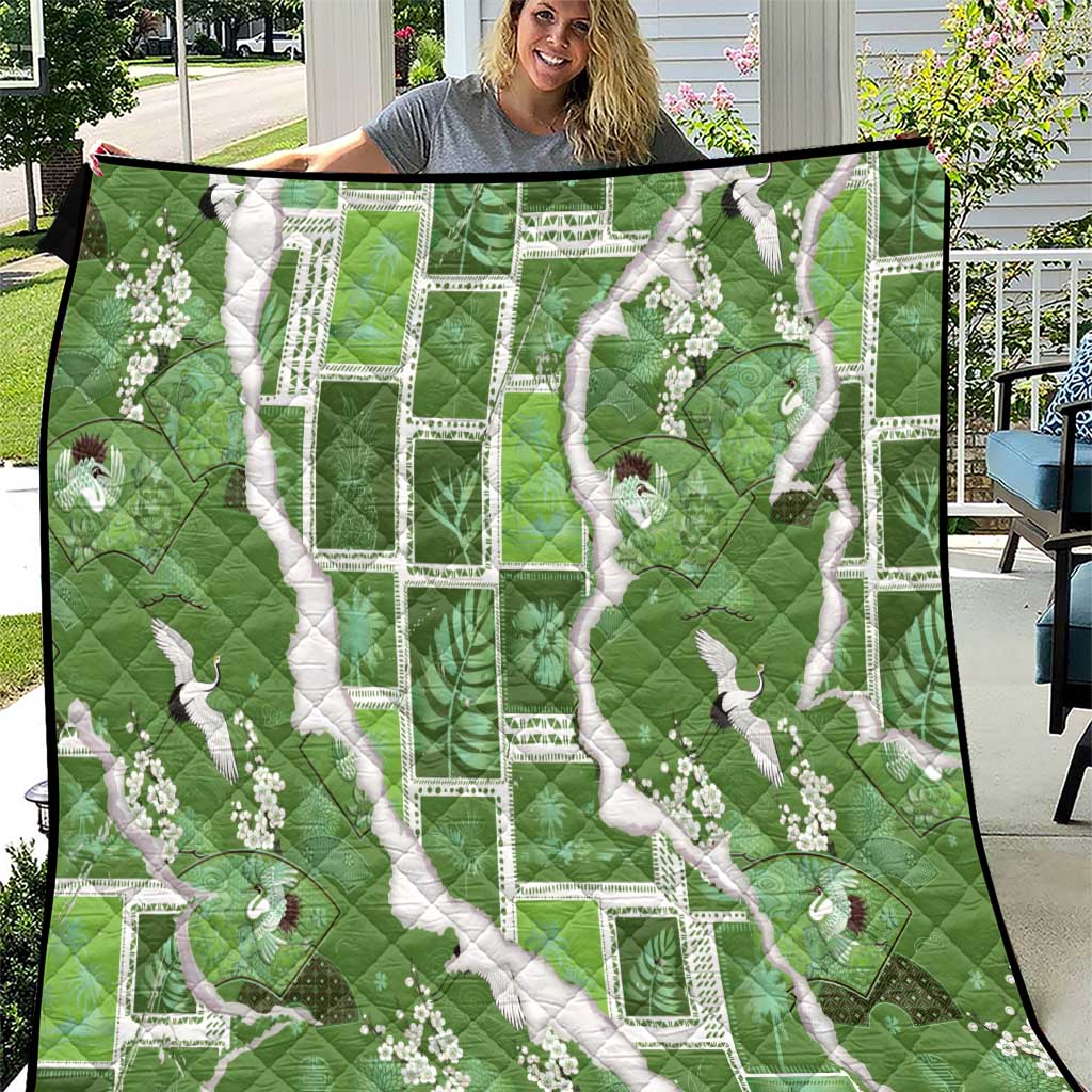 Hawaii Japanese Culture Sage Green Quilt Spring Cranes Aloha Pattern