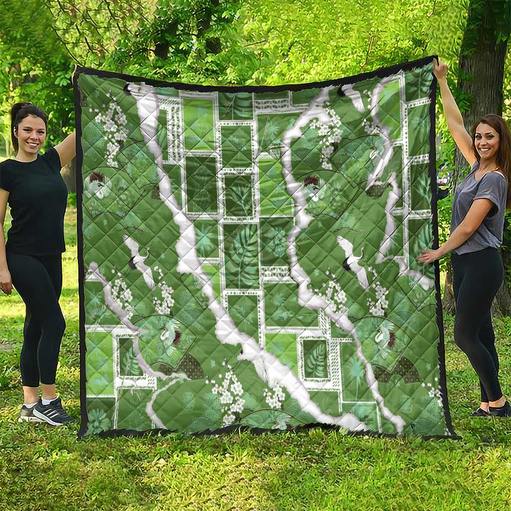 Hawaii Japanese Culture Sage Green Quilt Spring Cranes Aloha Pattern