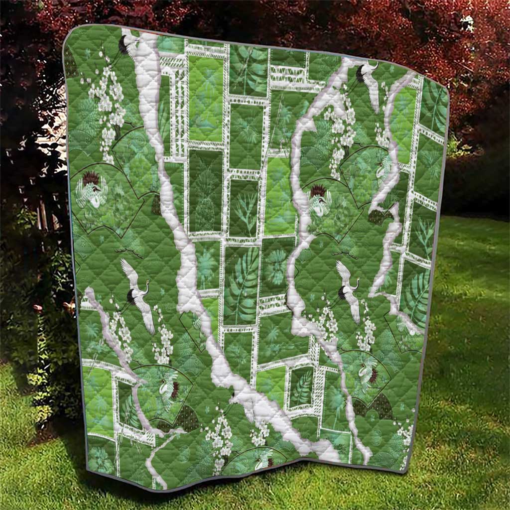 Hawaii Japanese Culture Sage Green Quilt Spring Cranes Aloha Pattern