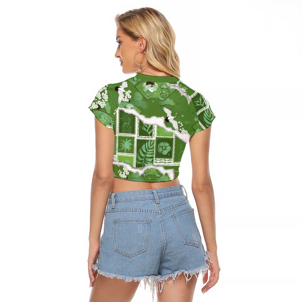 Hawaii Japanese Culture Sage Green Raglan Cropped T Shirt Spring Cranes Aloha Pattern LT01 - Polynesian Pride