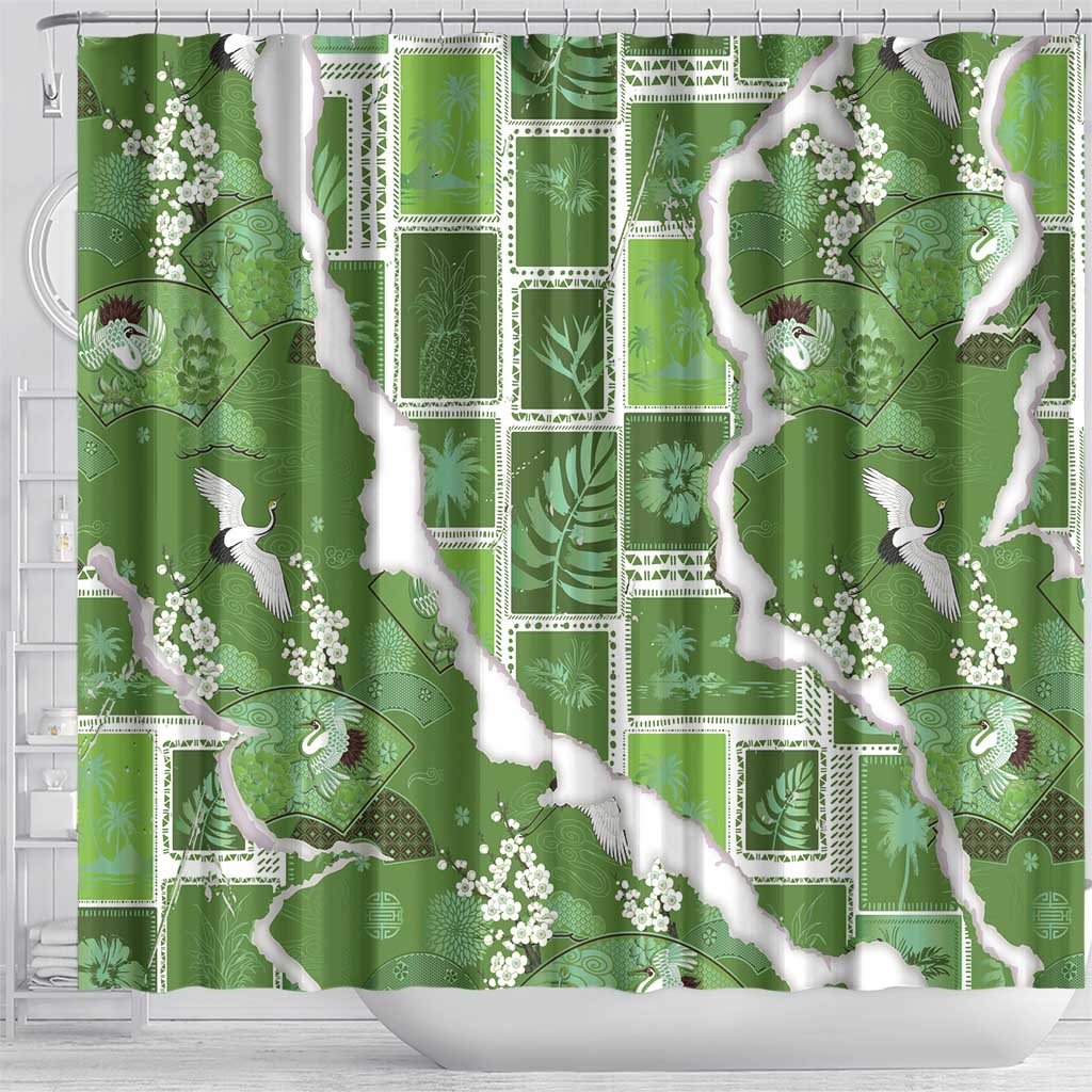 Hawaii Japanese Culture Sage Green Shower Curtain Spring Cranes Aloha Pattern