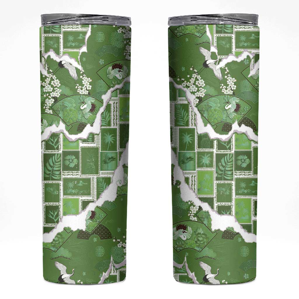 Hawaii Japanese Culture Sage Green Skinny Tumbler Spring Cranes Aloha Pattern