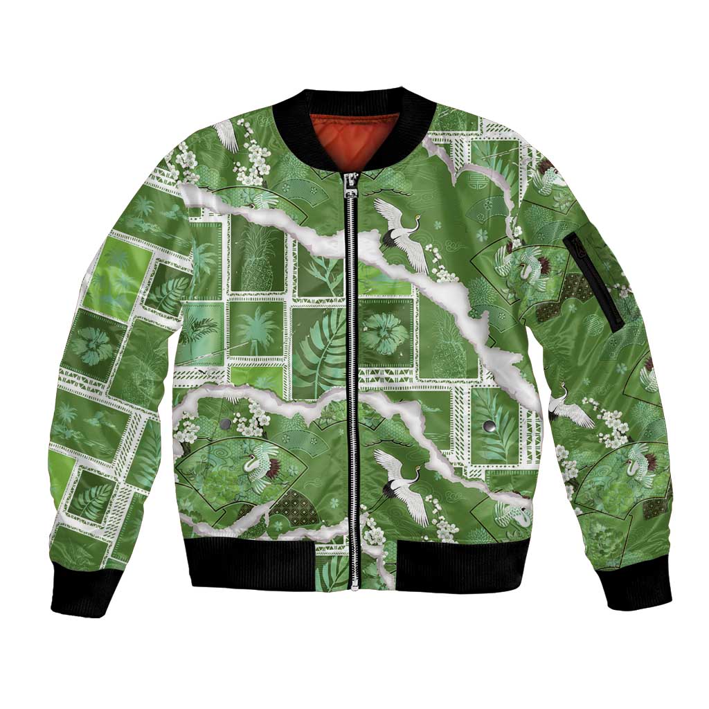 Hawaii Japanese Culture Sage Green Sleeve Zip Bomber Jacket Spring Cranes Aloha Pattern