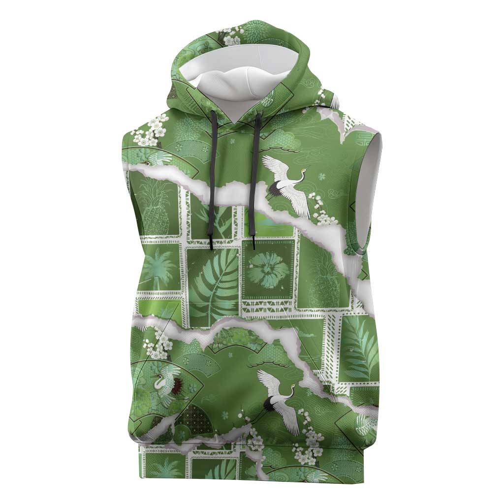 Hawaii Japanese Culture Sage Green Sleeveless Hoodie Spring Cranes Aloha Pattern LT01 Sage - Polynesian Pride